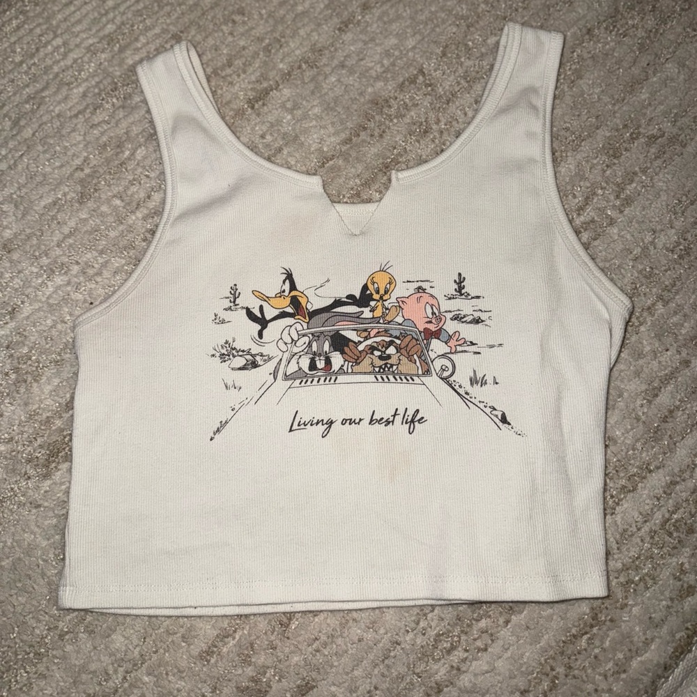 White Cartoon Graphic Crop Top
